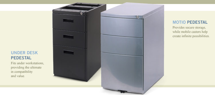 Pedestals | Under Desk Pedestal: Fits under workstations, providing the ultimate in compatibility and value. | Motio Pedestal: Provides secure storage, while mobile casters help create infinite possibilities.